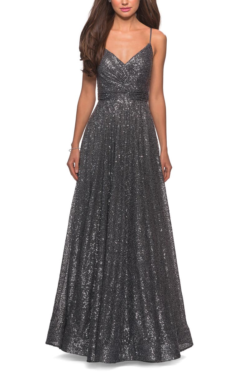 La Femme Sequin A-Line Gown, Alternate, color, 