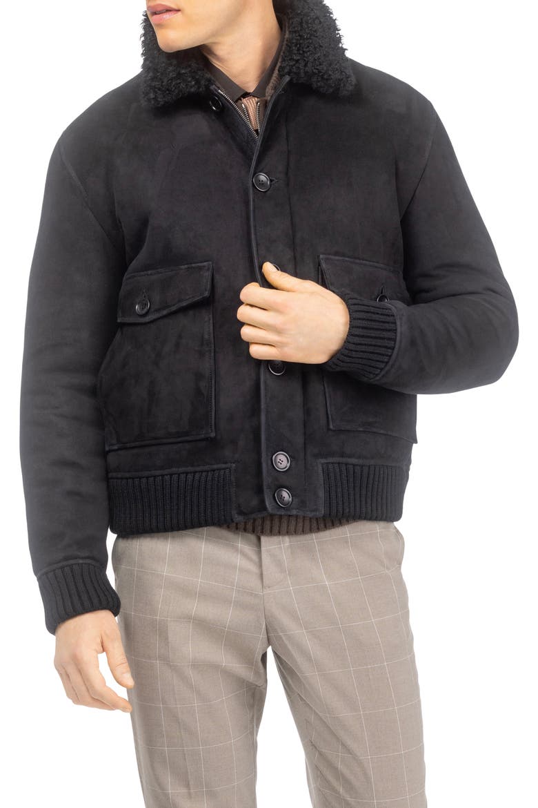 Men's Genuine Shearling Bomber Jacket, Suede Finish, Alternate, color, Black