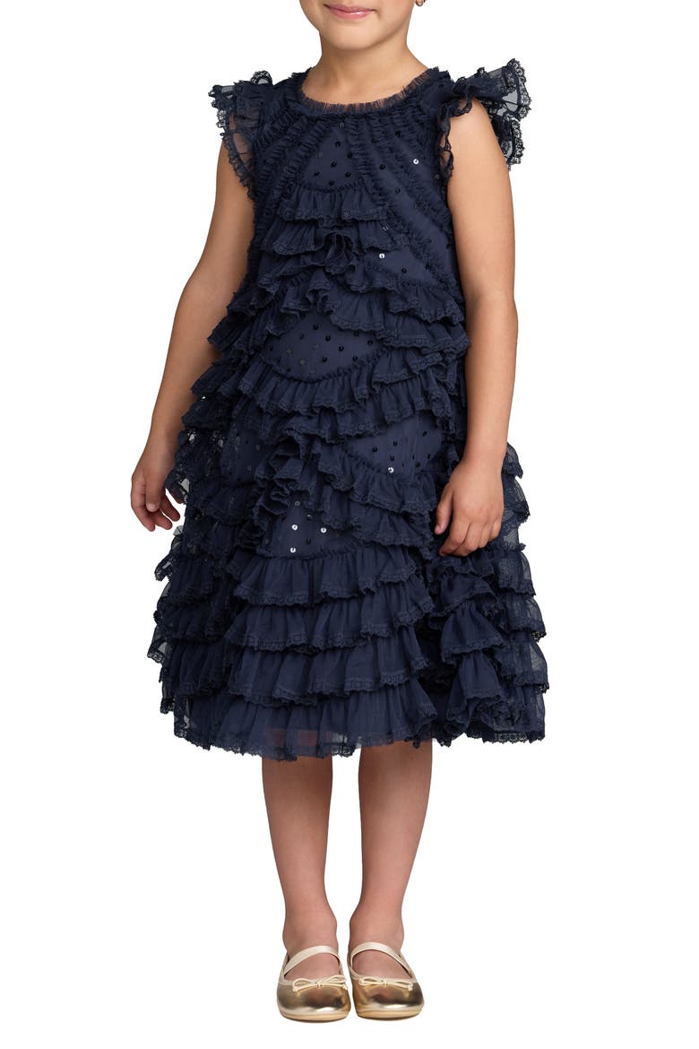 Girls High Neck Cap Sleeve Micro Ruffle Dress, Main, color, Indigo