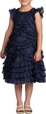 Mac Duggal Girls High Neck Cap Sleeve Micro Ruffle Dress