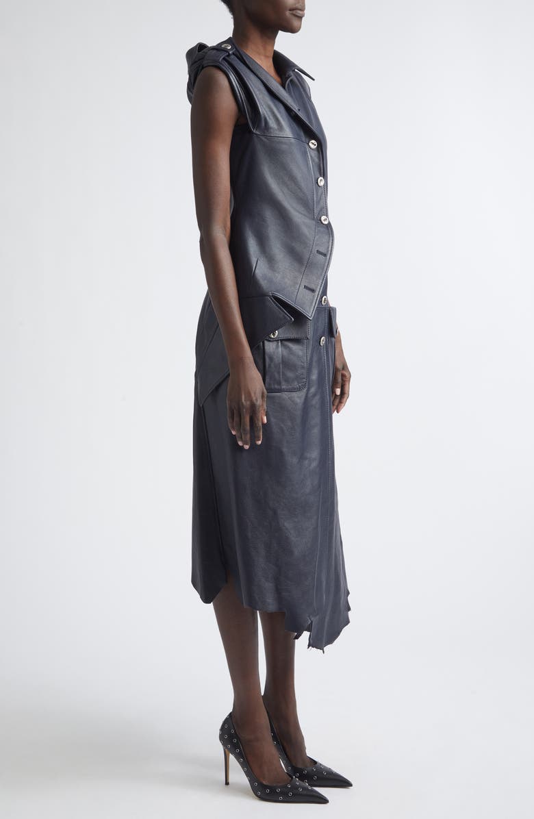 McQueen Asymmetric Leather Shirtdress, Alternate, color,