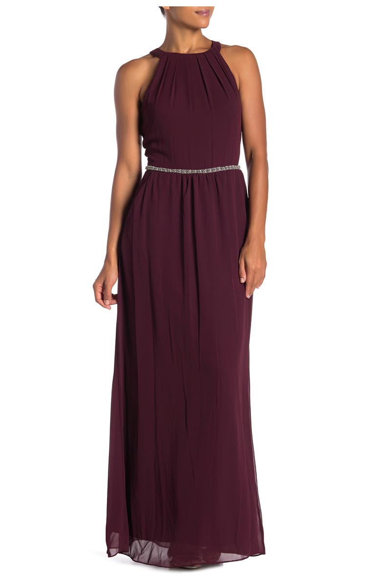 SLNY Halter Neck Beaded Waist Chiffon Gown, Main, color,
