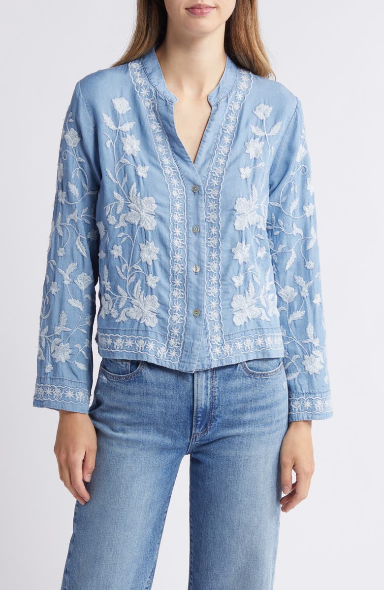 NIKKI LUND Madison Floral Embroidered Chambray Button-Up Shirt, Main, color, Blue