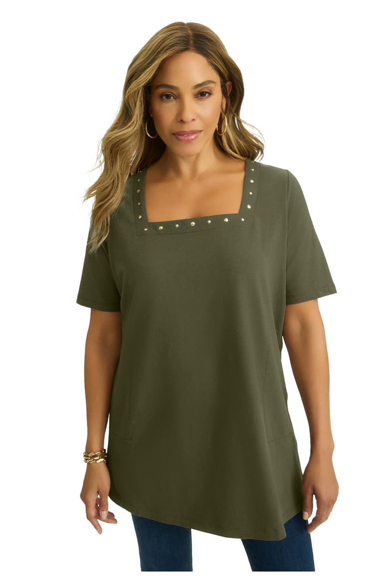 Stretch Cotton Studded Square Neck Tunic, Main, color, DARK OLIVE GREEN GOLD STUD