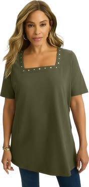 Jessica London Stretch Cotton Studded Square Neck Tunic