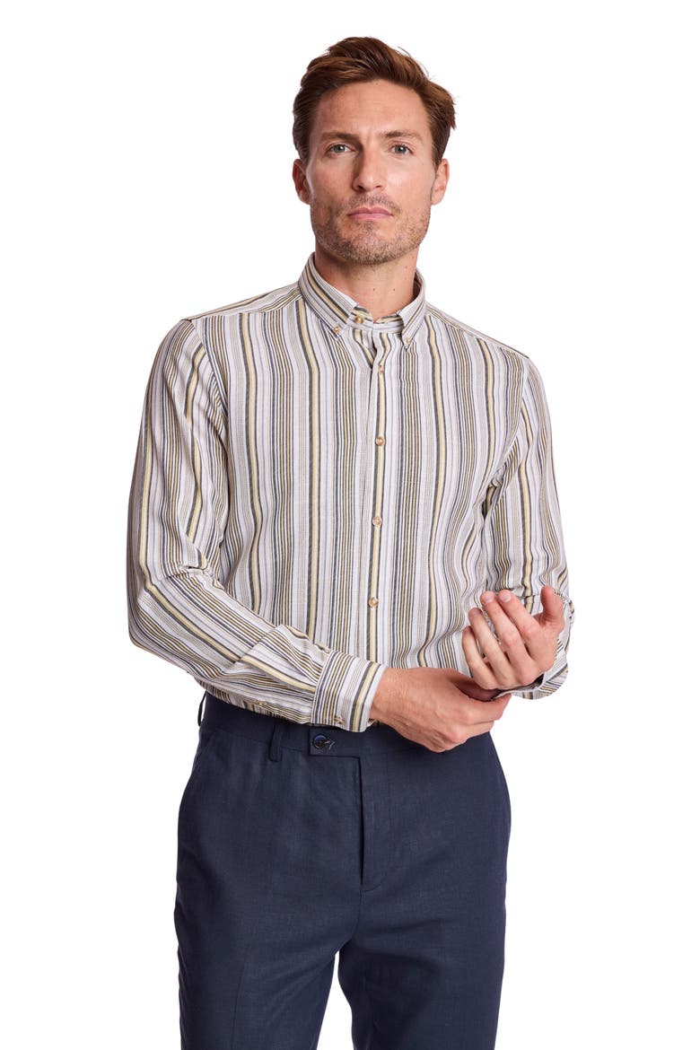 Brian Linen Blend Button-Down Shirt, Alternate, color, GOLDEN ASH STRIPE