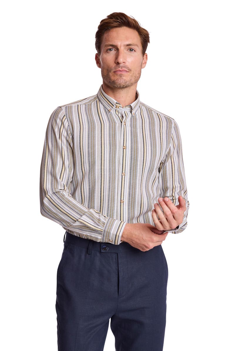 PAISLEY & GRAY Brian Linen Blend Button-Down Shirt, Alternate, color, Golden Ash Stripe