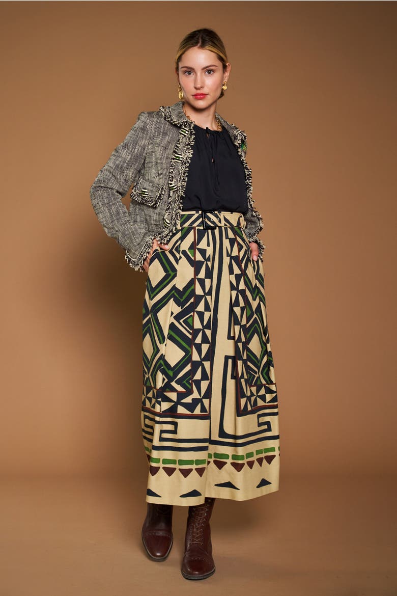 Printed Canvas Skirt With Belt, Alternate, color, Sand / Black