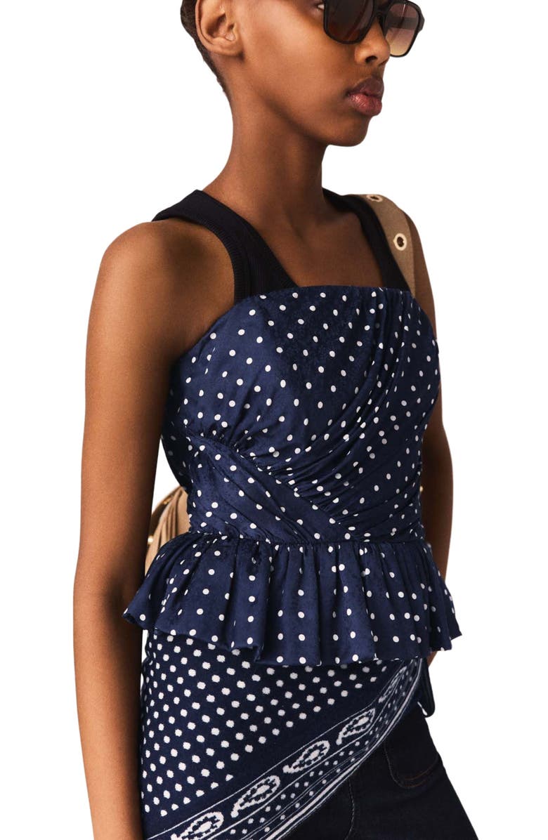 maje Patterned bustier top, Alternate, color, Navy Dot Bandana Print