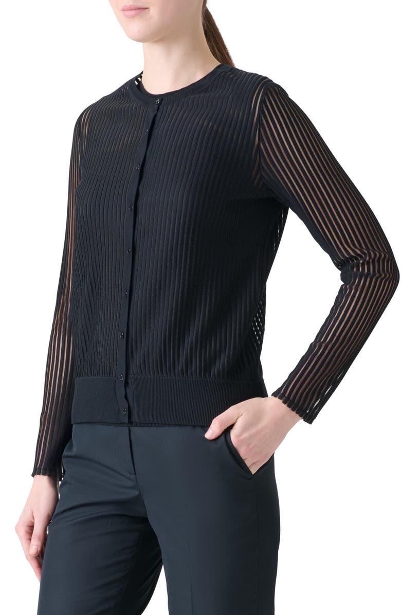 Akris Sheer Stripe Silk & Cotton Blend Cardigan, Alternate, color, Black