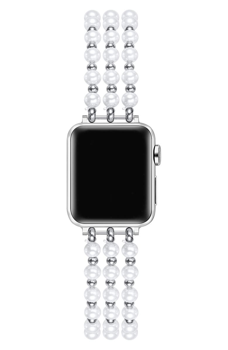 The Posh Tech Eve Beaded Faux Pearl Apple Watch<sup>®</sup> Watchband, Alternate, color, Silver
