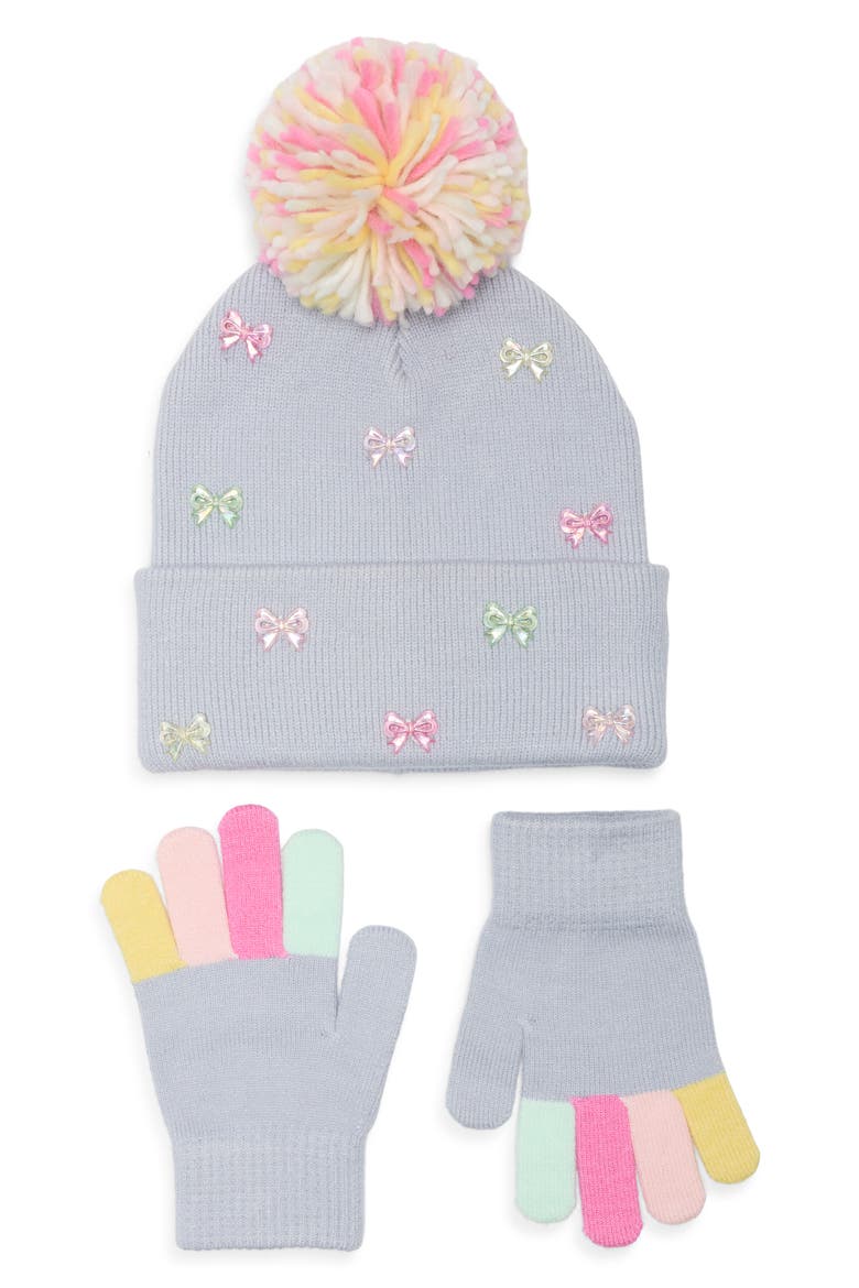 Kids' Bow Beads Beanie & Gloves Set, Main, color, ICY BLUE