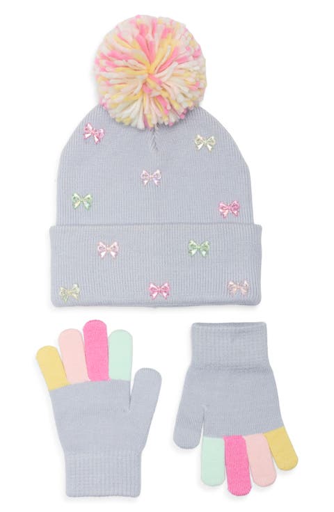 Kids' Bow Beads Beanie & Gloves Set