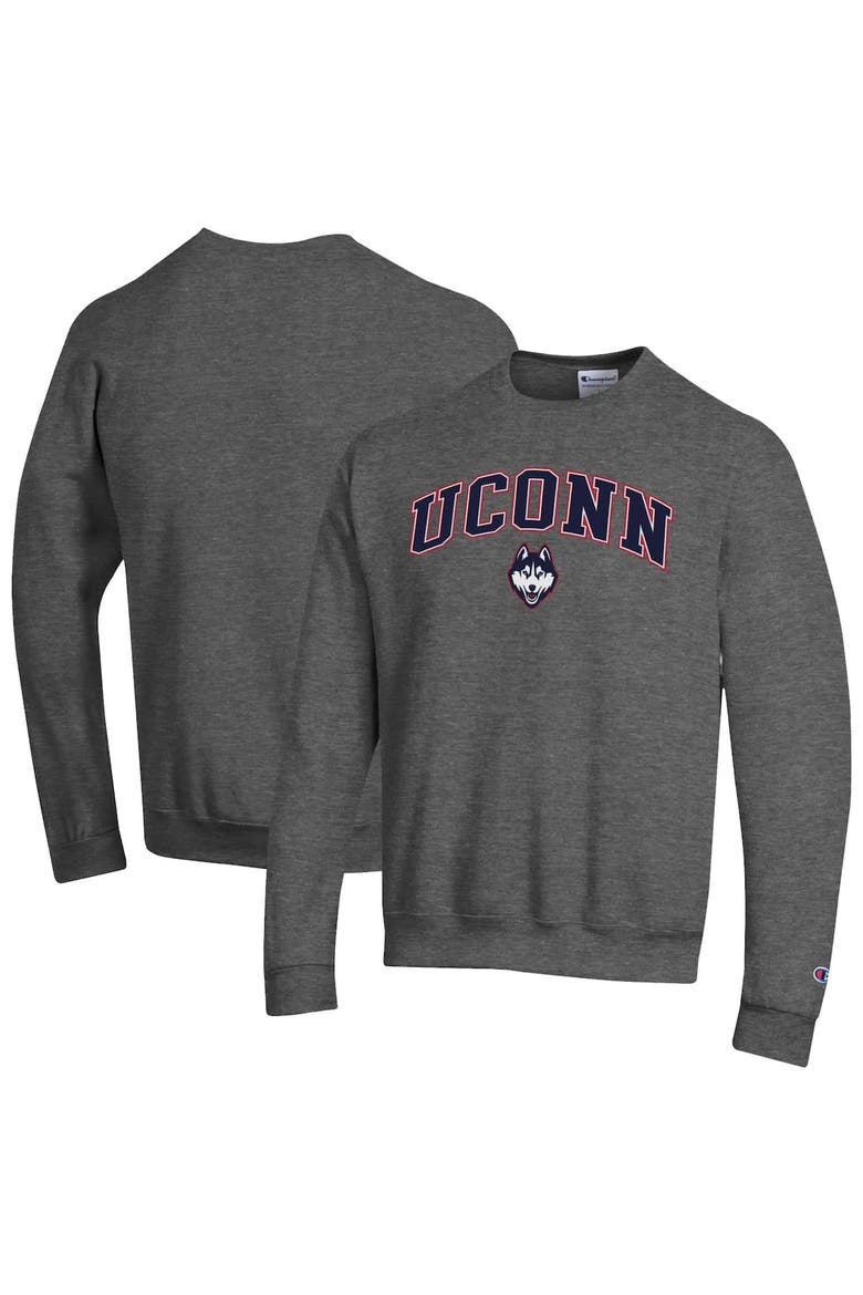 Men's Champion  Heather Charcoal UConn Huskies Arch Over Logo Pullover Sweatshirt, Alternate, color, Heather Charcoal