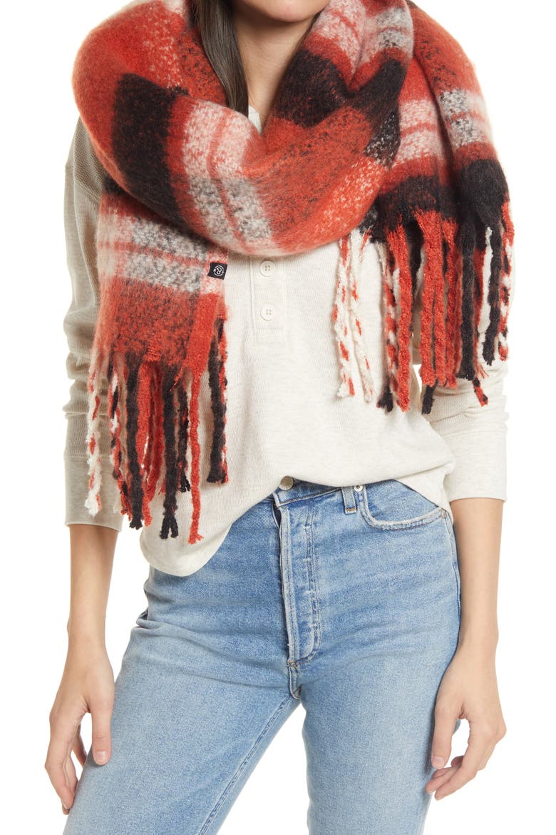 Cozy Oversize Plaid Scarf, Main, color, RED COMBO
