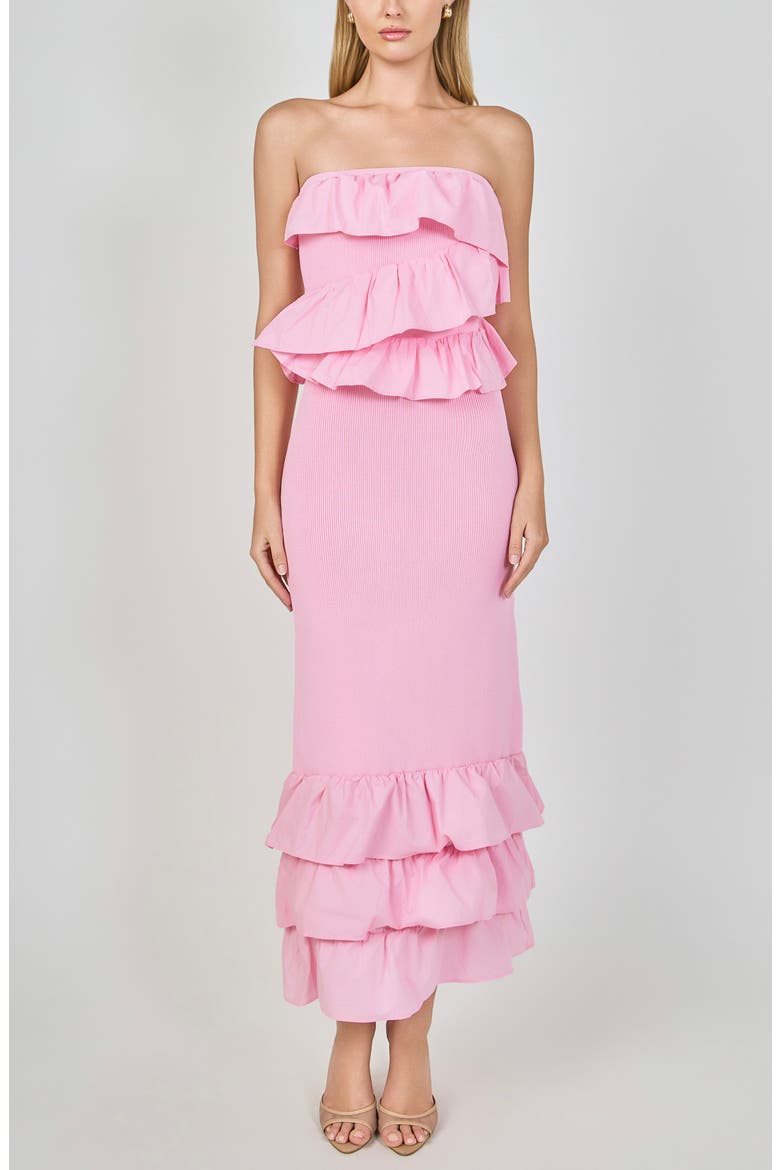 Ruffle Detail Mixed Media Strapless Dress, Main, color, BABY PINK
