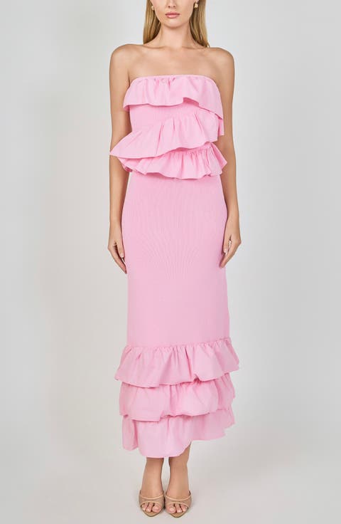 Ruffle Detail Mixed Media Strapless Dress