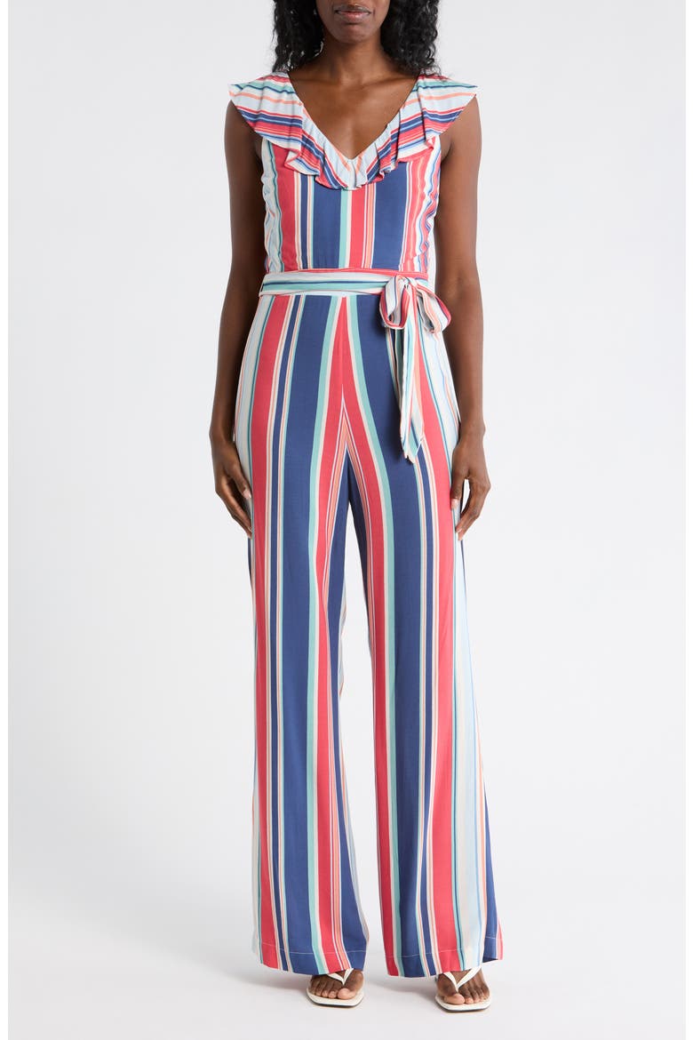 Stripe Ruffle Sleeveless Jumpsuit, Main, color, CHAMBRAY