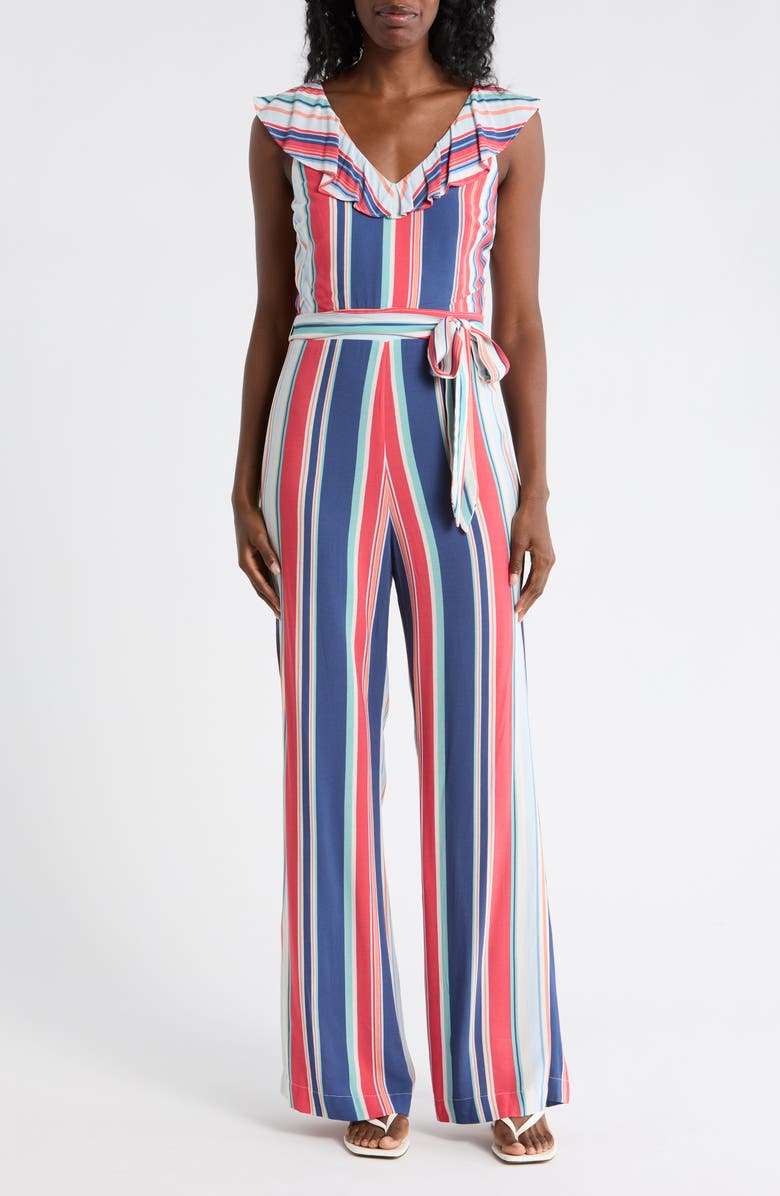 matty m. Stripe Ruffle Sleeveless Jumpsuit, Main, color, Chambray