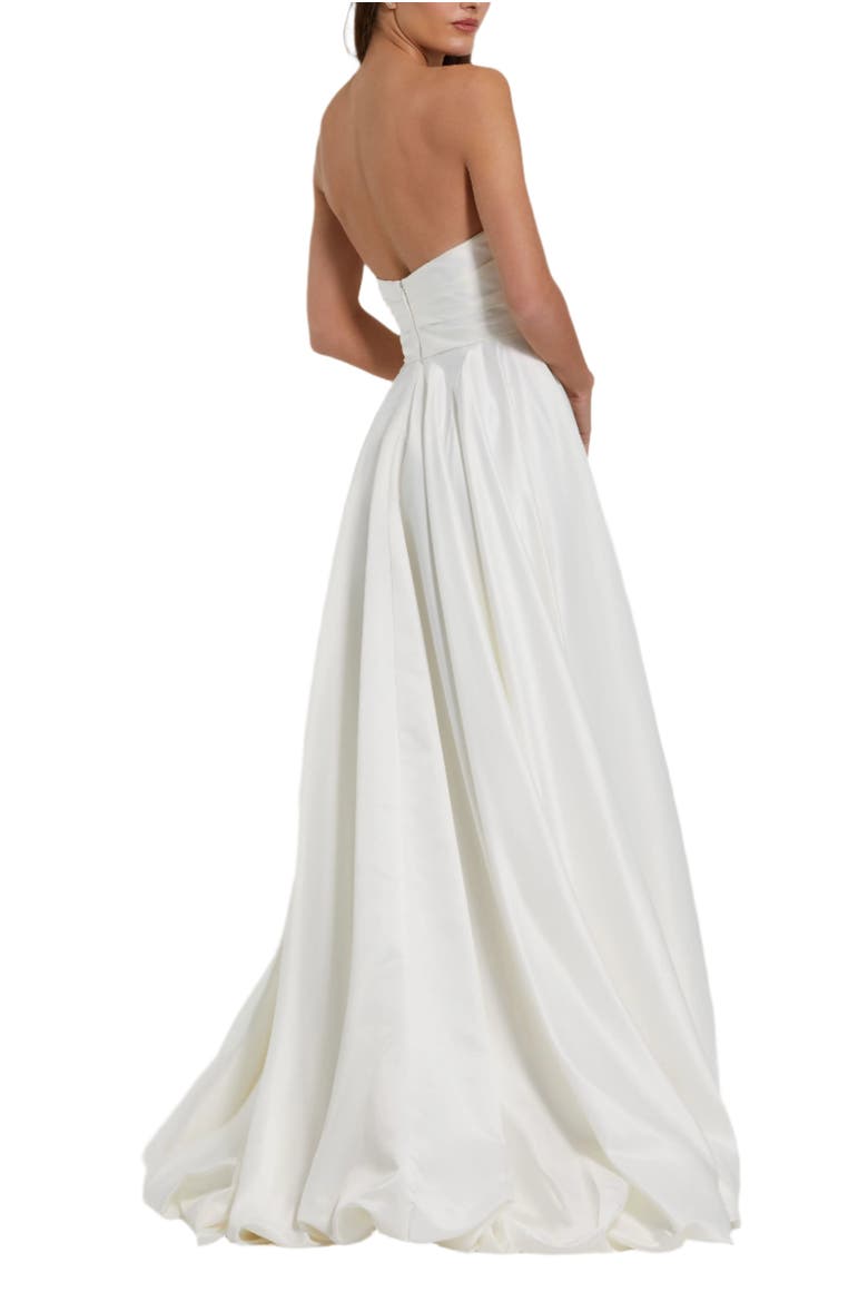 Petite Strapless High-Low Satin Gown with Draped Skirt, Alternate, color, White