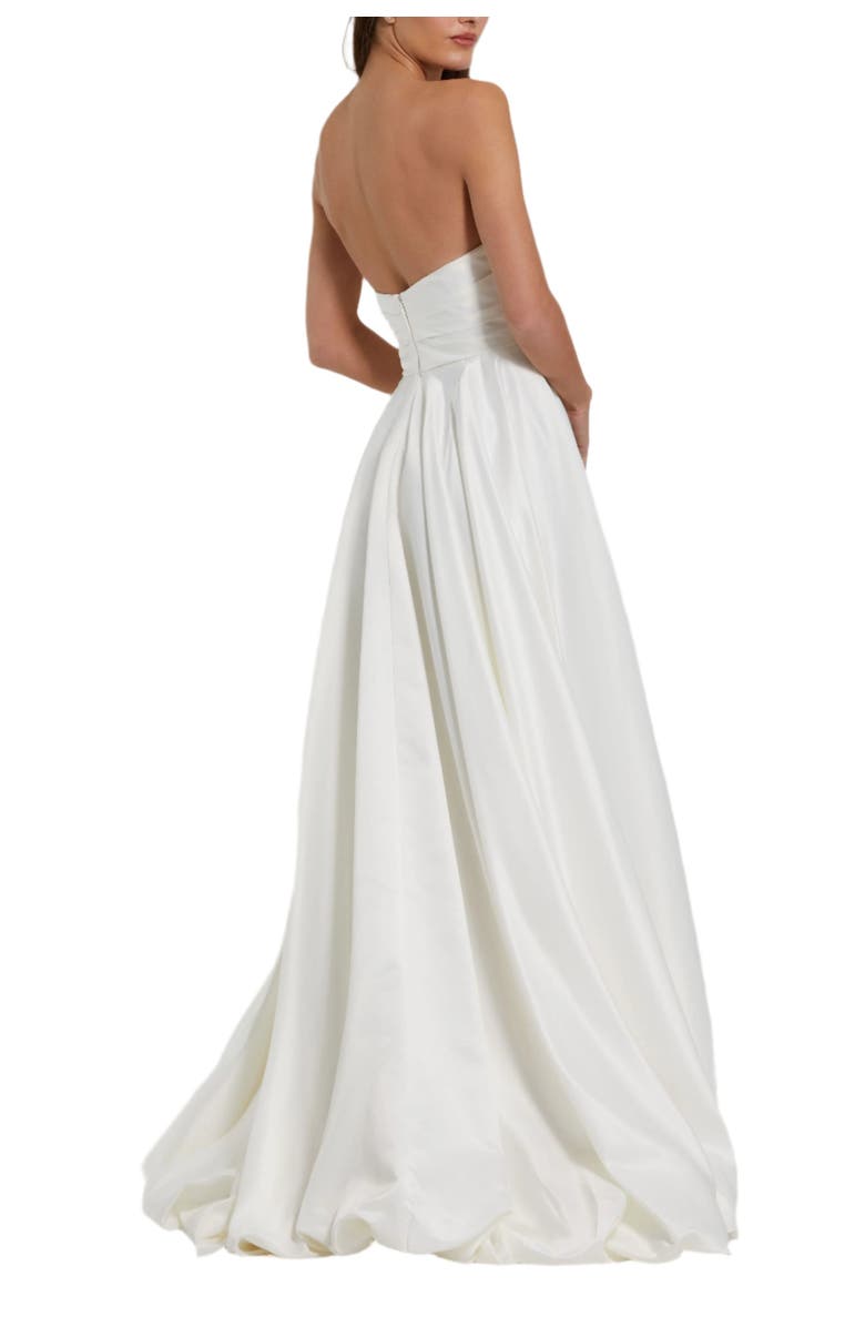 Mac Duggal Petite Strapless High-Low Satin Gown with Draped Skirt, Alternate, color, White