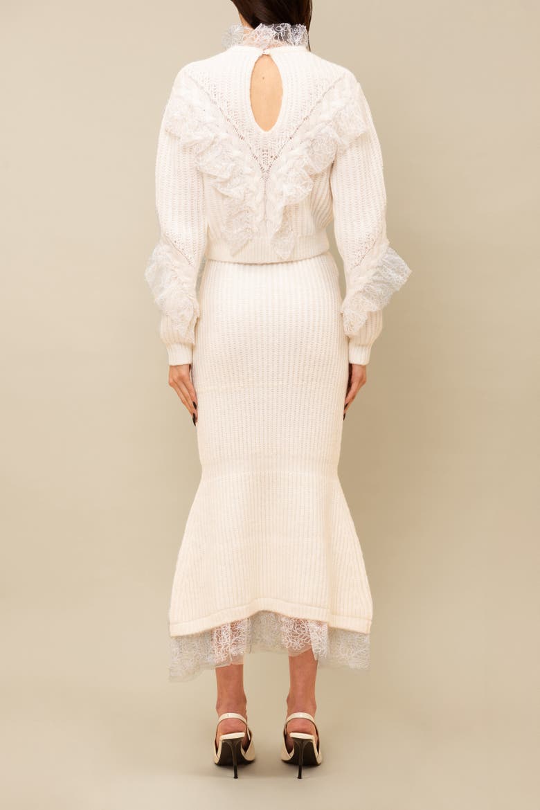 Wildes Soft Warm Lace-Trimmed Wool Knit Skirt, Alternate, color, White