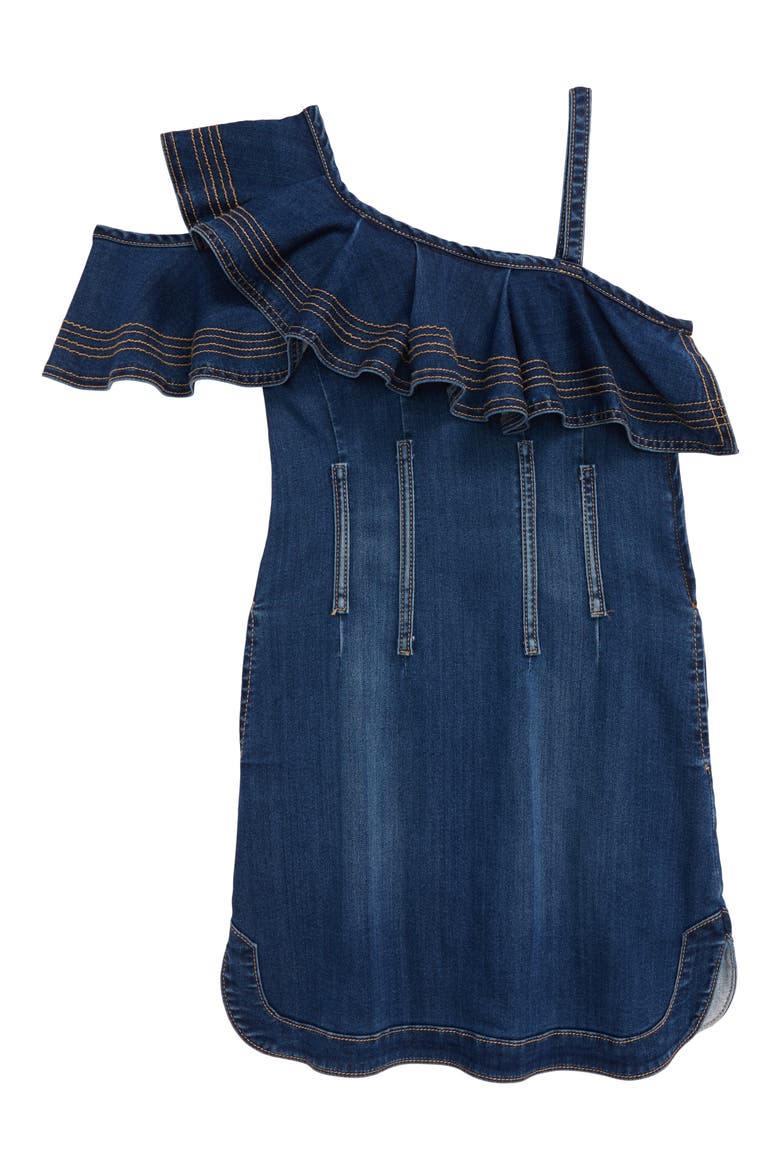 Habitual Ruffle Cold-Shoulder Denim Dress, Main, color, DARK STONE