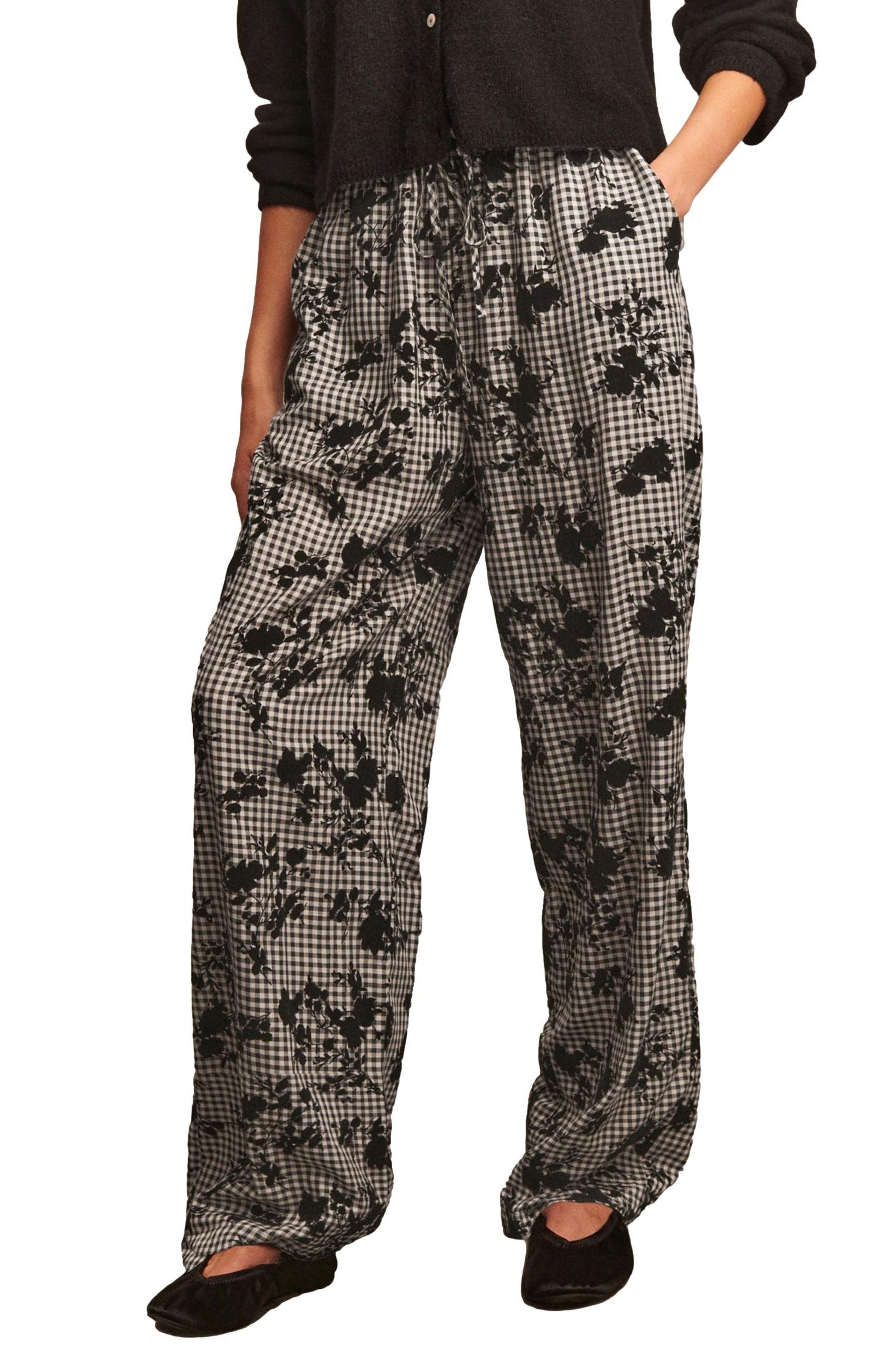Floral Flocked Gingham Drawstring Pants