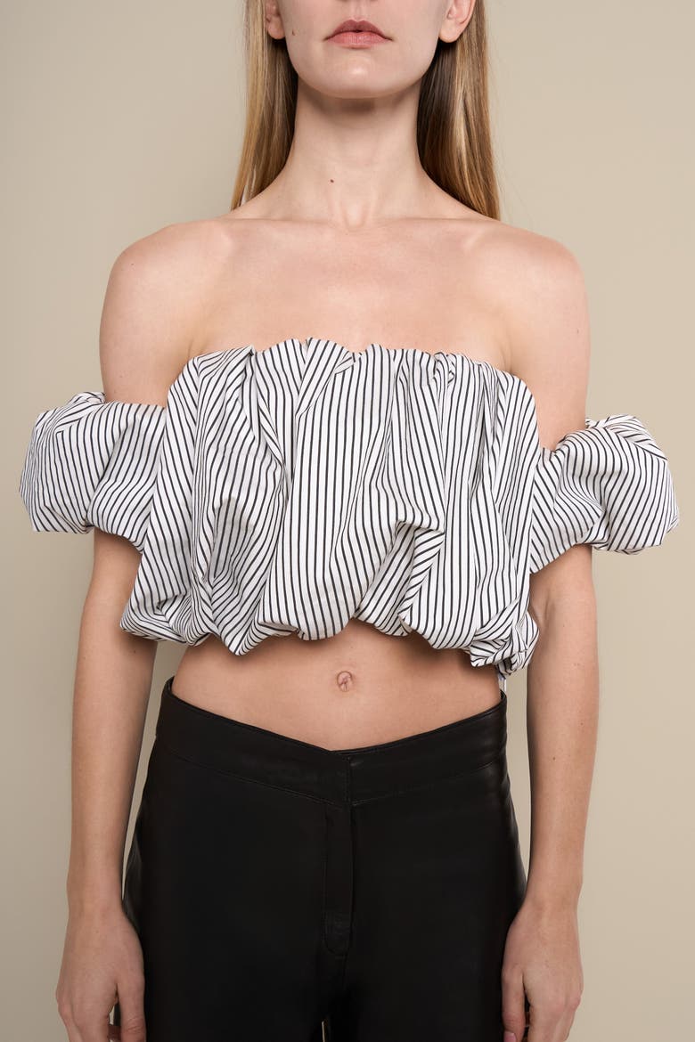 Good Striped Bubble Silhouette Off-Shoulder Crop Top, Alternate, color, Black-white