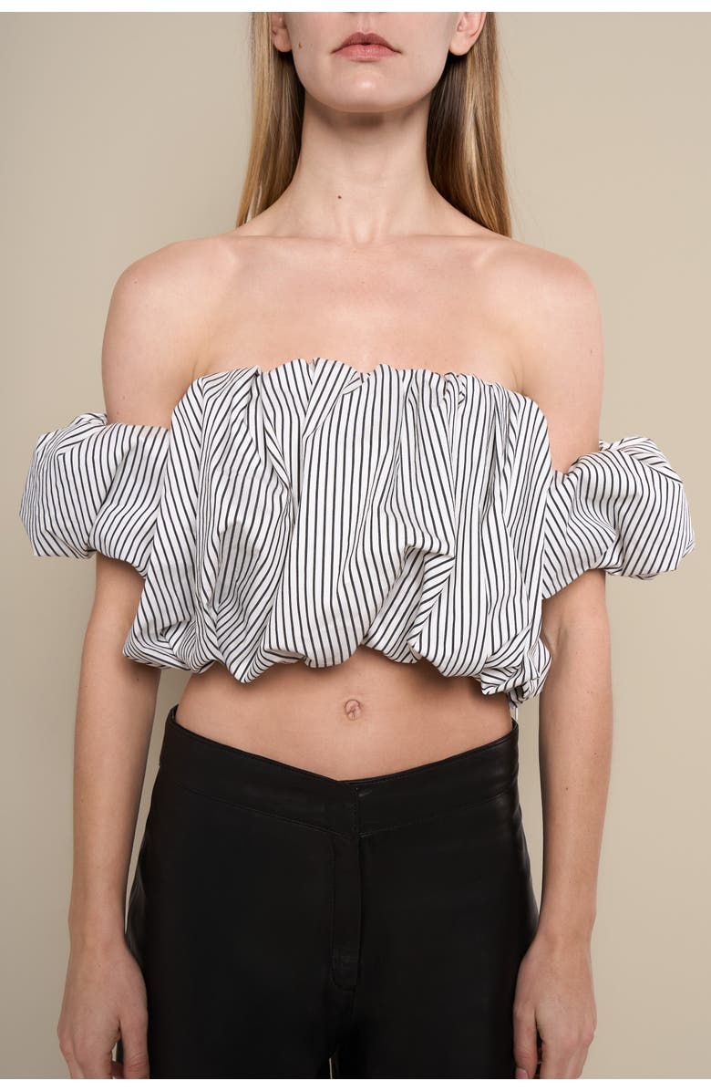 Contessa Mills Good Striped Bubble Silhouette Off-Shoulder Crop Top, Alternate, color, Black-White