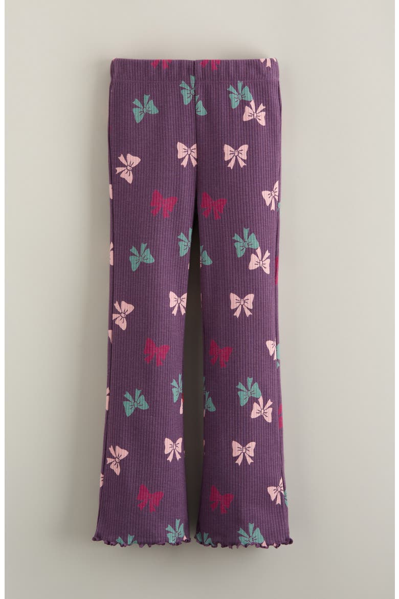 Kids' Rib Print Flare Leggings, Main, color, PURPLE ECLIPSE MULTI BOWS