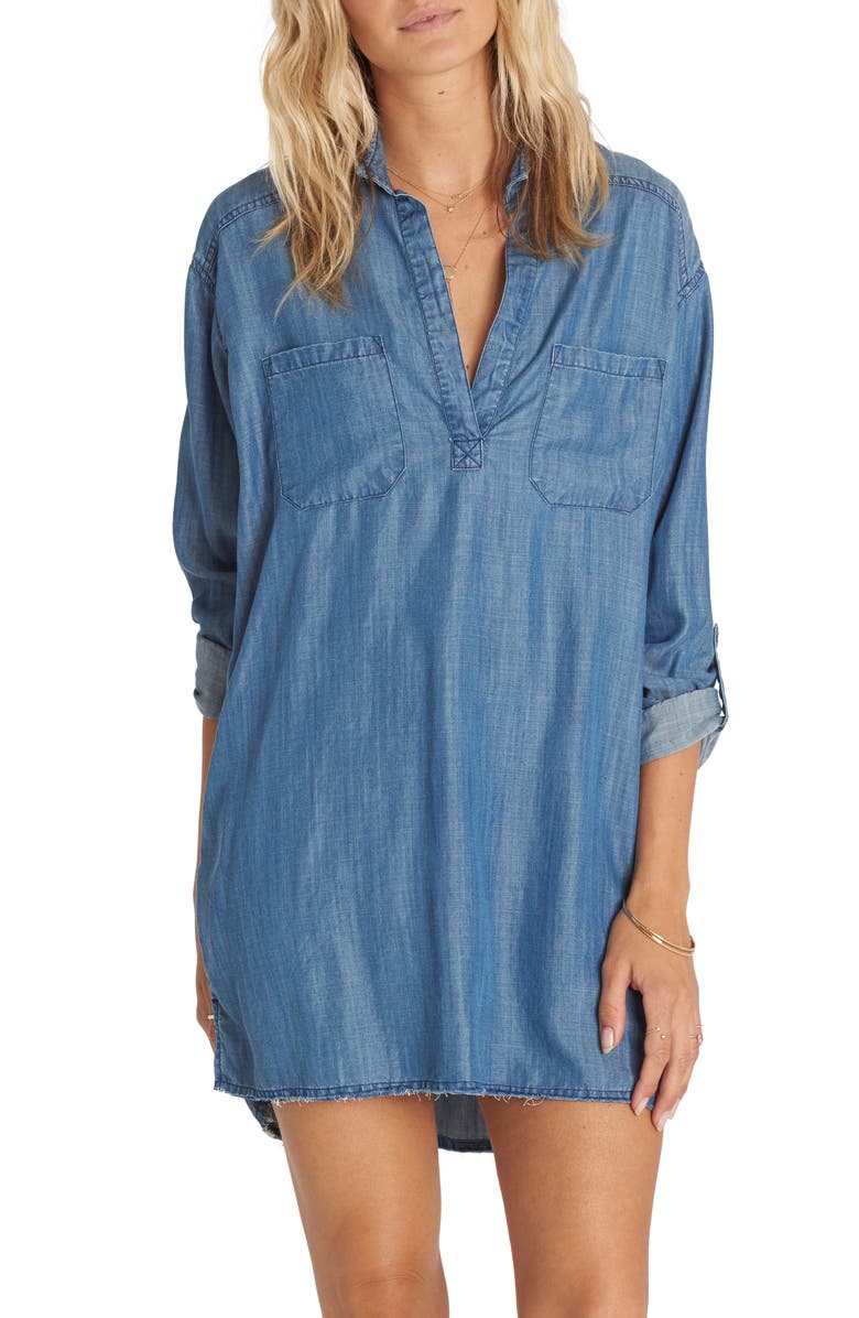 Billabong Wandering Blues Chambray Shirtdress, Main, color, 