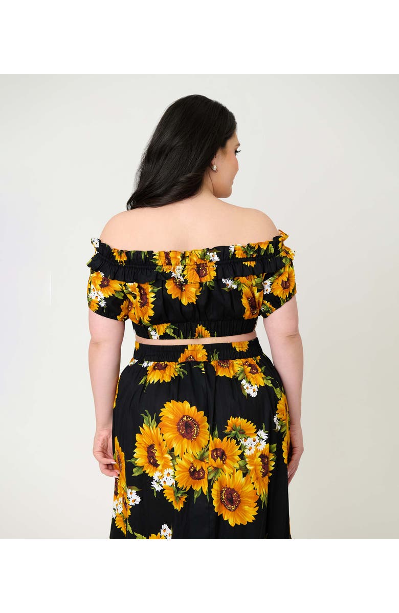 Unique Vintage Plus Size 1970s Off Ruffle Up Crop Top, Alternate, color, Black Floral Print