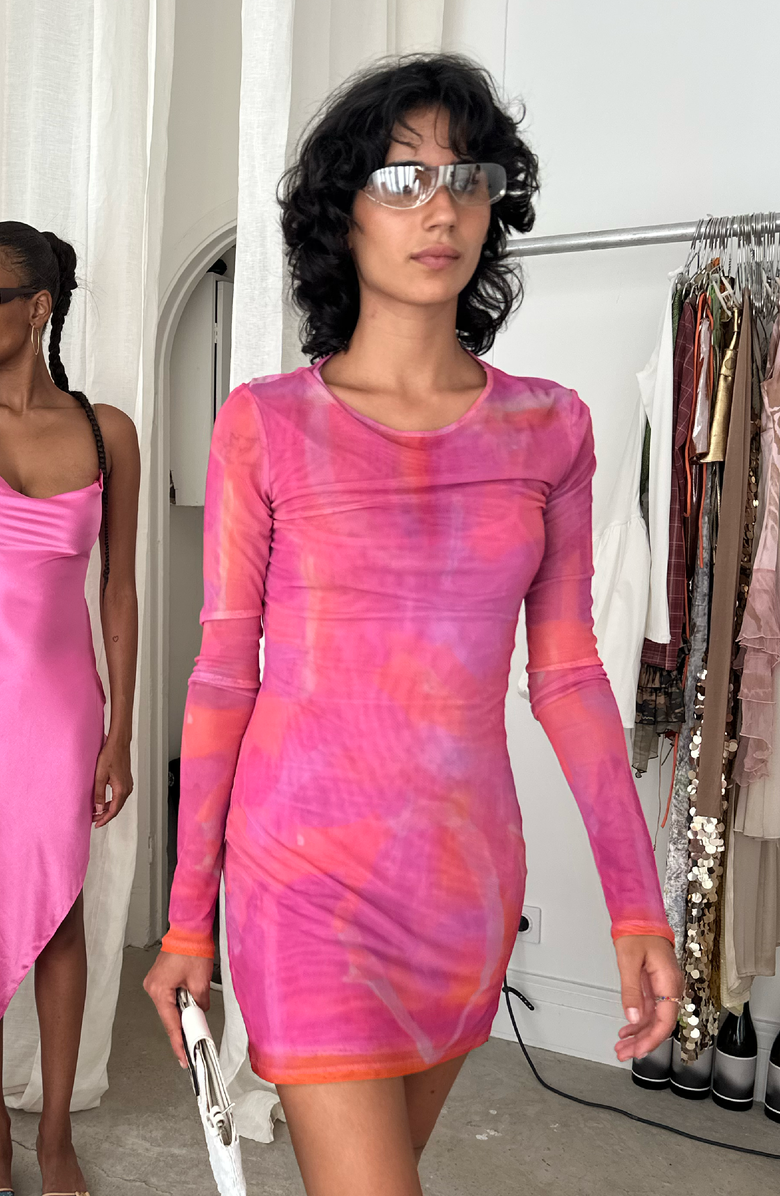 SAEMDI Mini Mesh Dress, Alternate, color, Pink / Orange Tie Dye