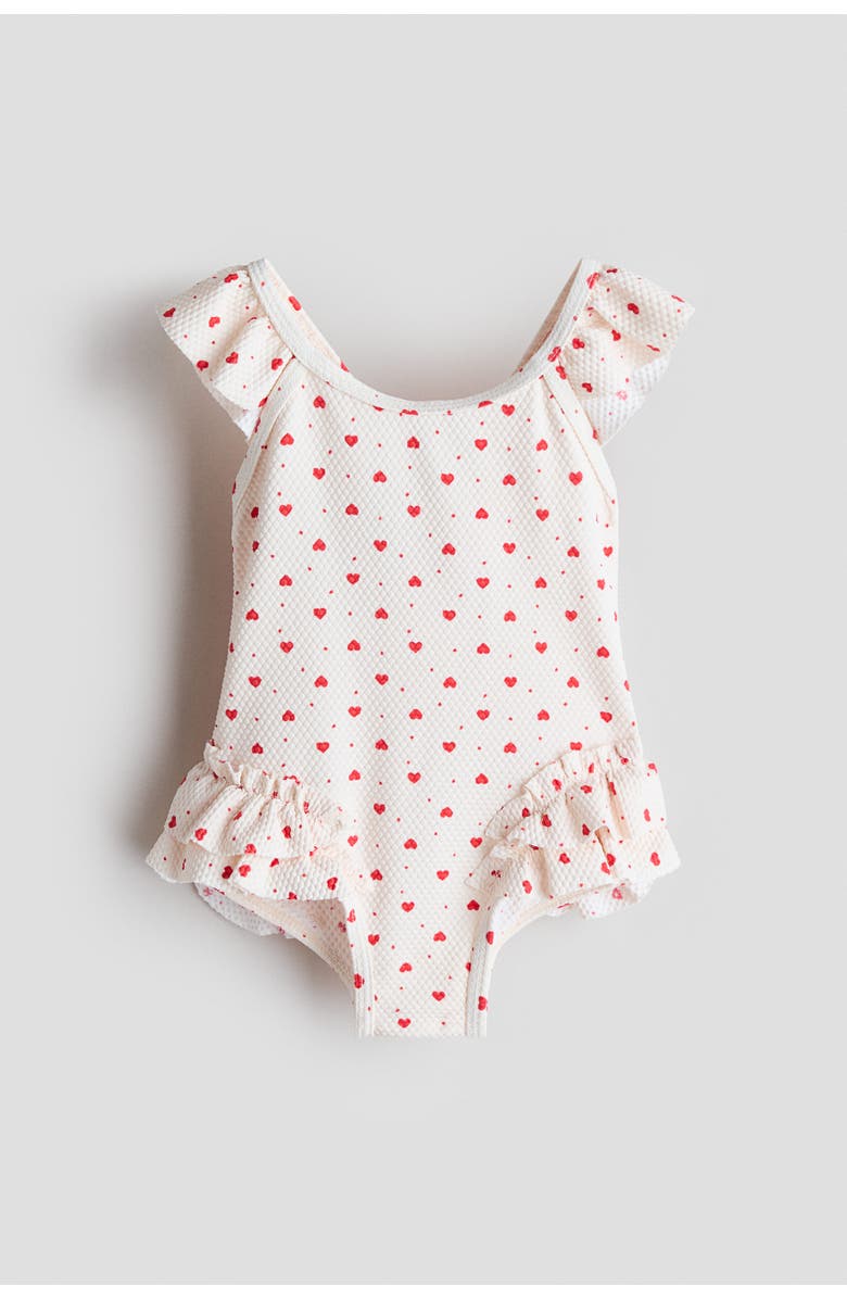 H&M Flounce-trimmed Swimsuit, Main, color, Light Beige/Hearts