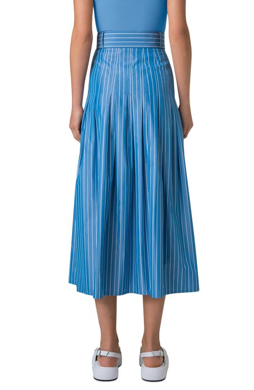 Akris Punto Pajama Stripe Belted Pleated Cotton Midi Skirt In Medium Blue-cream