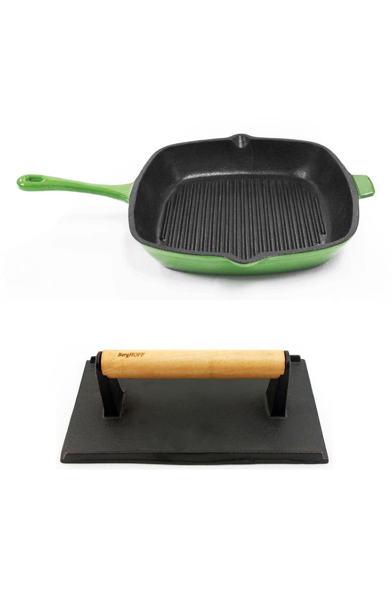 BergHOFF INTERNATIONAL Green Cast Iron 11" Grill Pan & Press 2-Piece Set, Main, color, Green