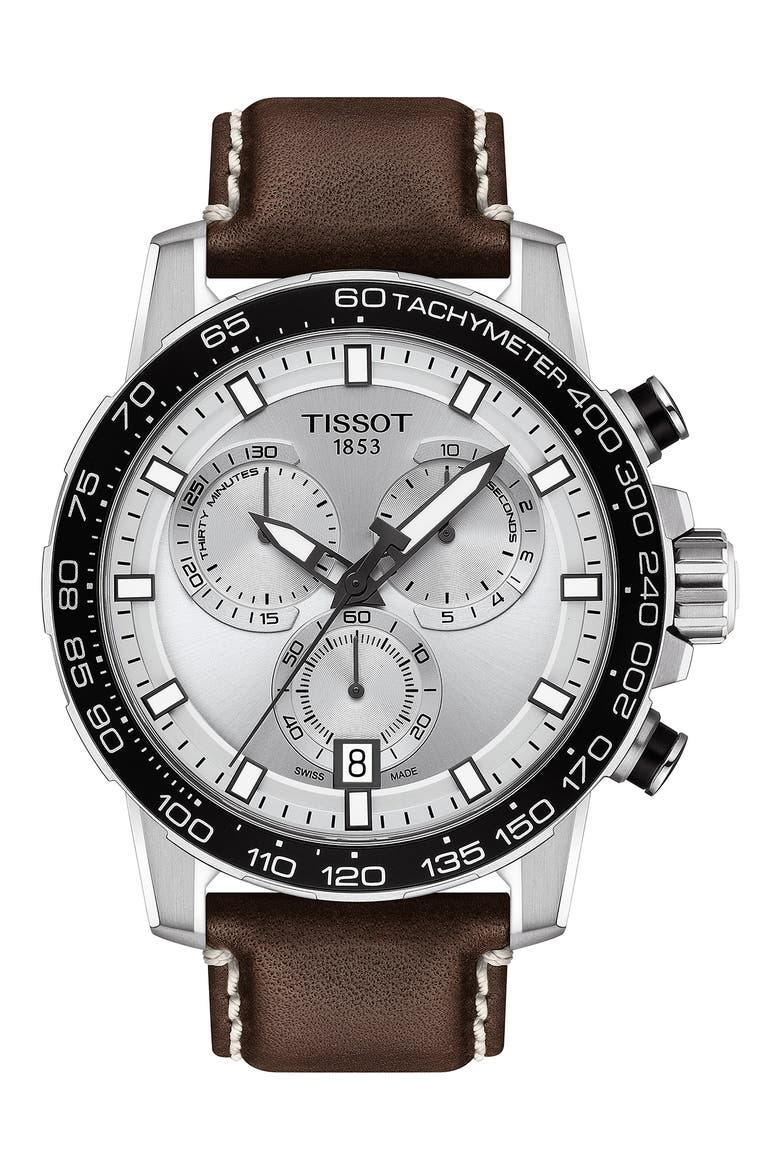 Supersport Chronograph Leather Strap Watch, 45.5mm, Main, color, BROWN/ SILVER
