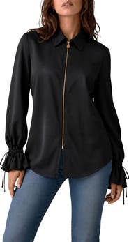 BY DESIGN Italia Front-zip Silk Collared Blouse