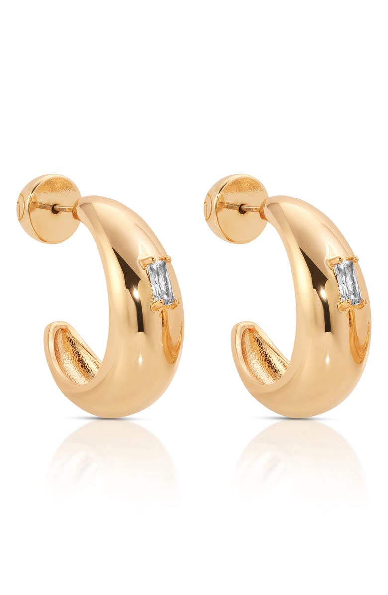 Ettika Oval Dome Cubic Zirconia Baguette Hoop Earrings, Alternate, color, Gold