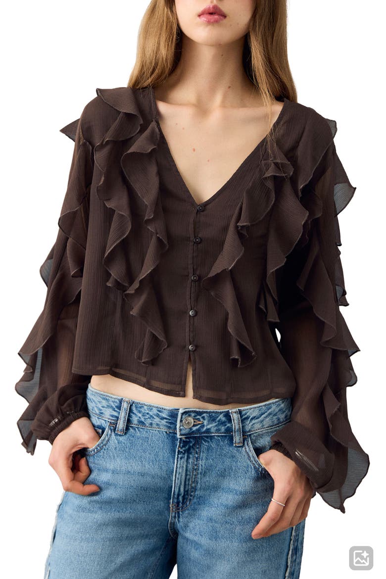 Ruffle Front Button Crop Top, Main, color, BROWN