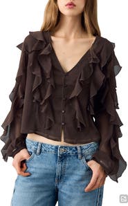MANGO TEEN Ruffle Front Button Crop Top
