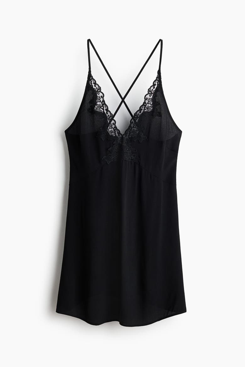 Lace-trimmed Viscose Nightslip, Alternate, color, Black