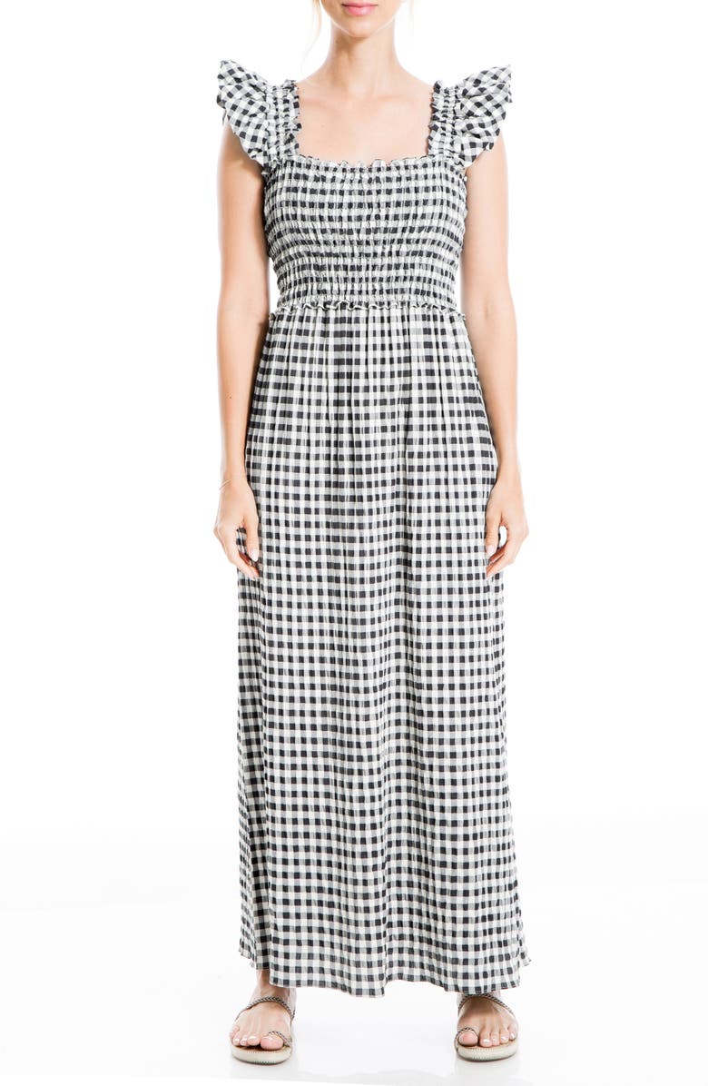 MAX STUDIO Flutter Sleeve Smocked Gingham Maxi Dress, Main, color, 