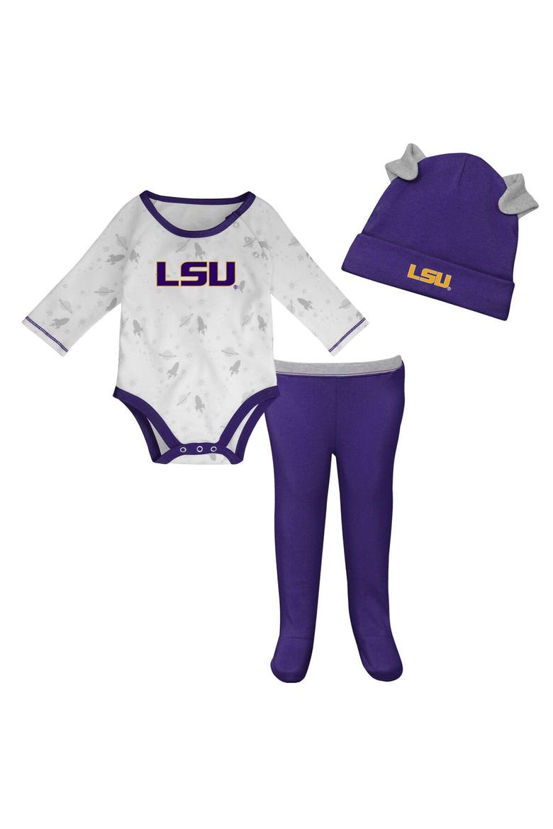 Newborn & Infant Purple/White LSU Tigers Dream Team Raglan Long Sleeve Bodysuit Hat & Pants Set, Main, color, Purple