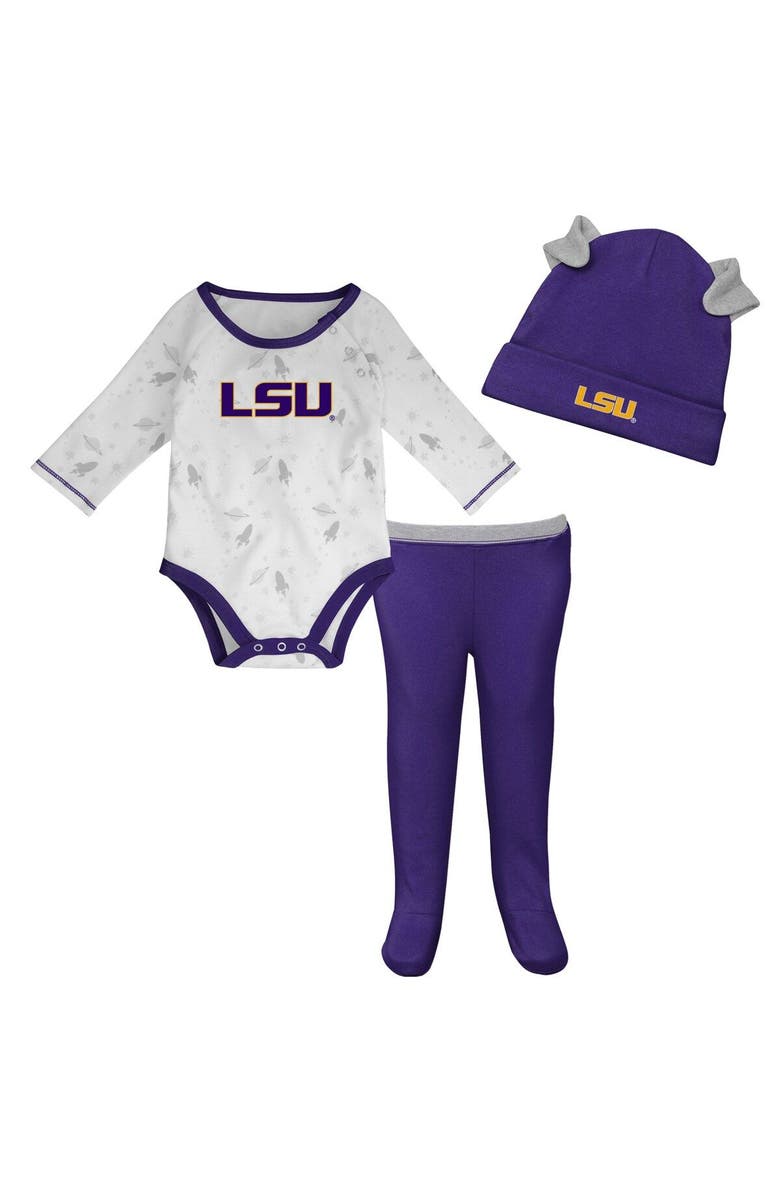 Outerstuff Newborn & Infant Purple/White LSU Tigers Dream Team Raglan Long Sleeve Bodysuit Hat & Pants Set, Main, color, 