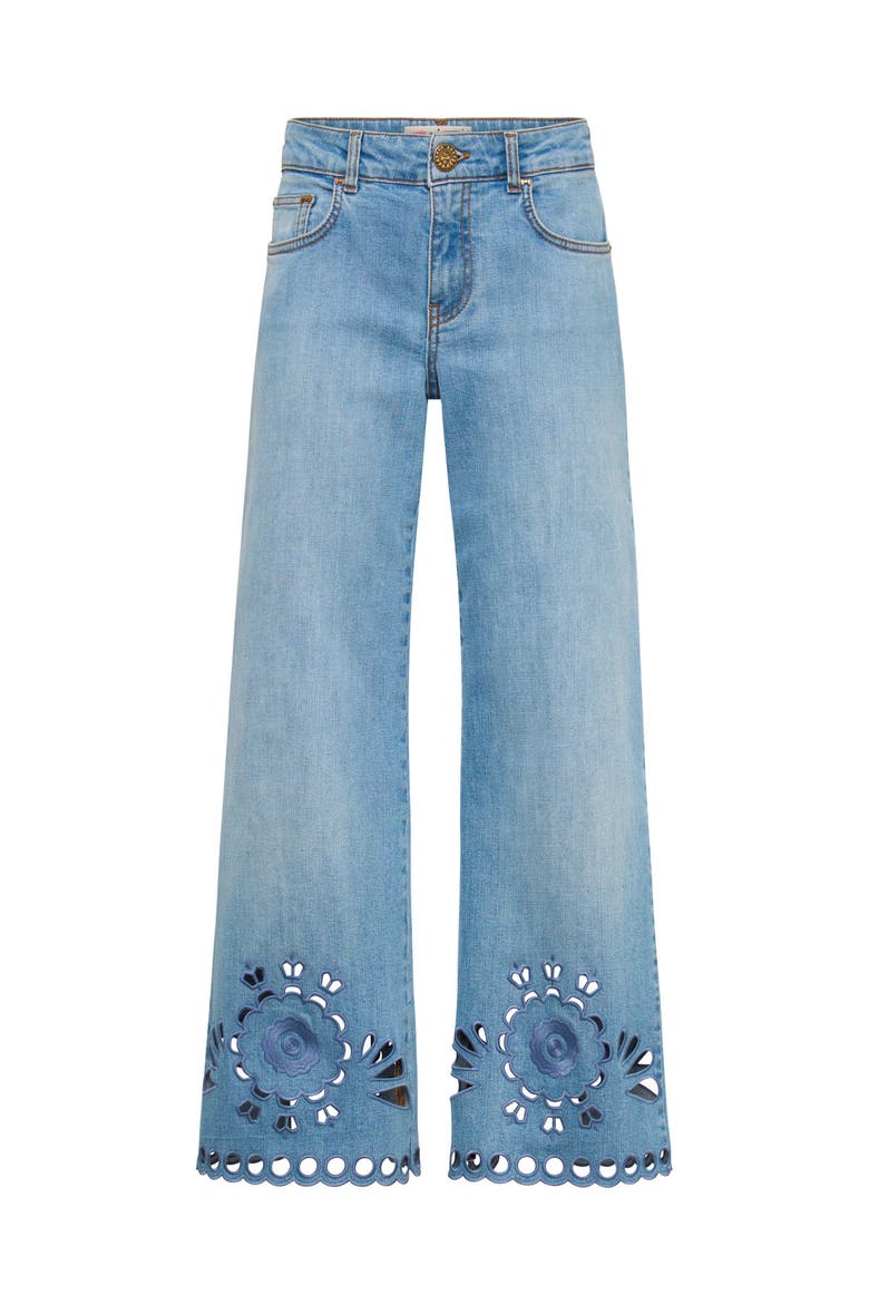 Jeans With Embroidery Opoulent Eyelet On The Hem, Main, color, Jeansblue