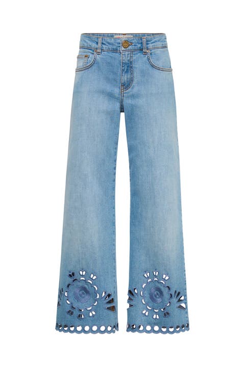 Jeans With Embroidery Opoulent Eyelet On The Hem