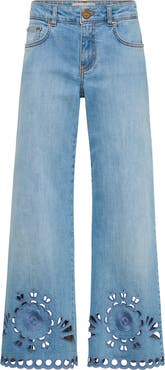 Maison Common Jeans With Embroidery Opoulent Eyelet On The Hem