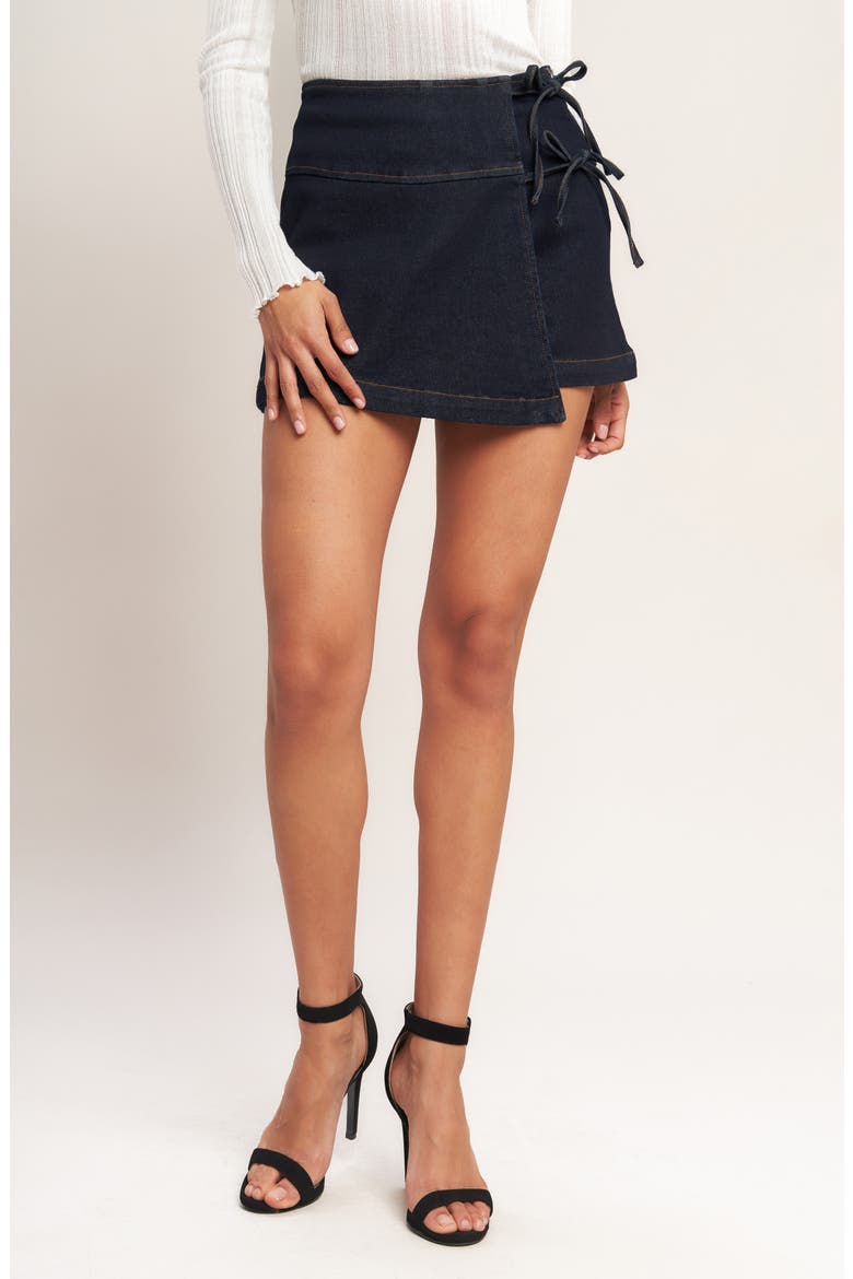 Tie Front Denim Skort, Main, color, DARK INDIGO